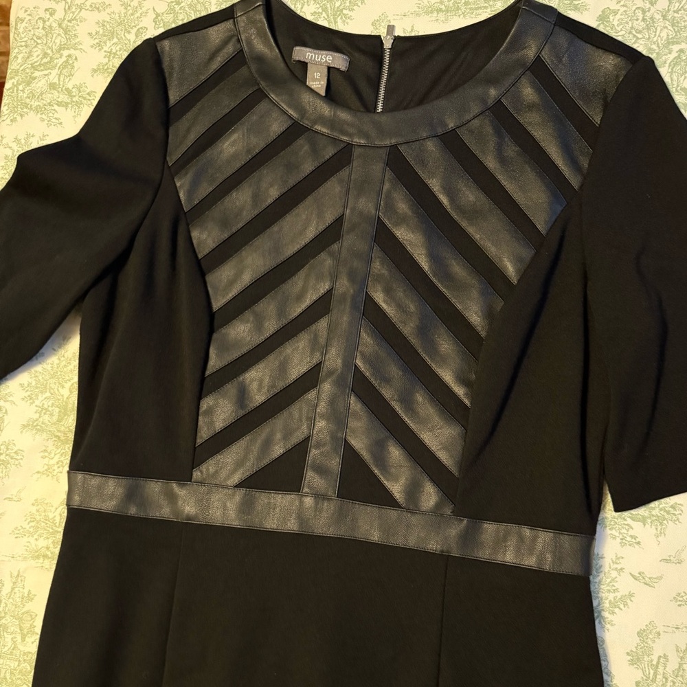 Muse Black Long Sleeve Below The Knee Dress with Chevron Leather Details Size 12